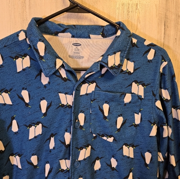 Old Navy Blue Penguin Print Pajama Shirt Boys Size XL 14-16 - Picture 2 of 5
